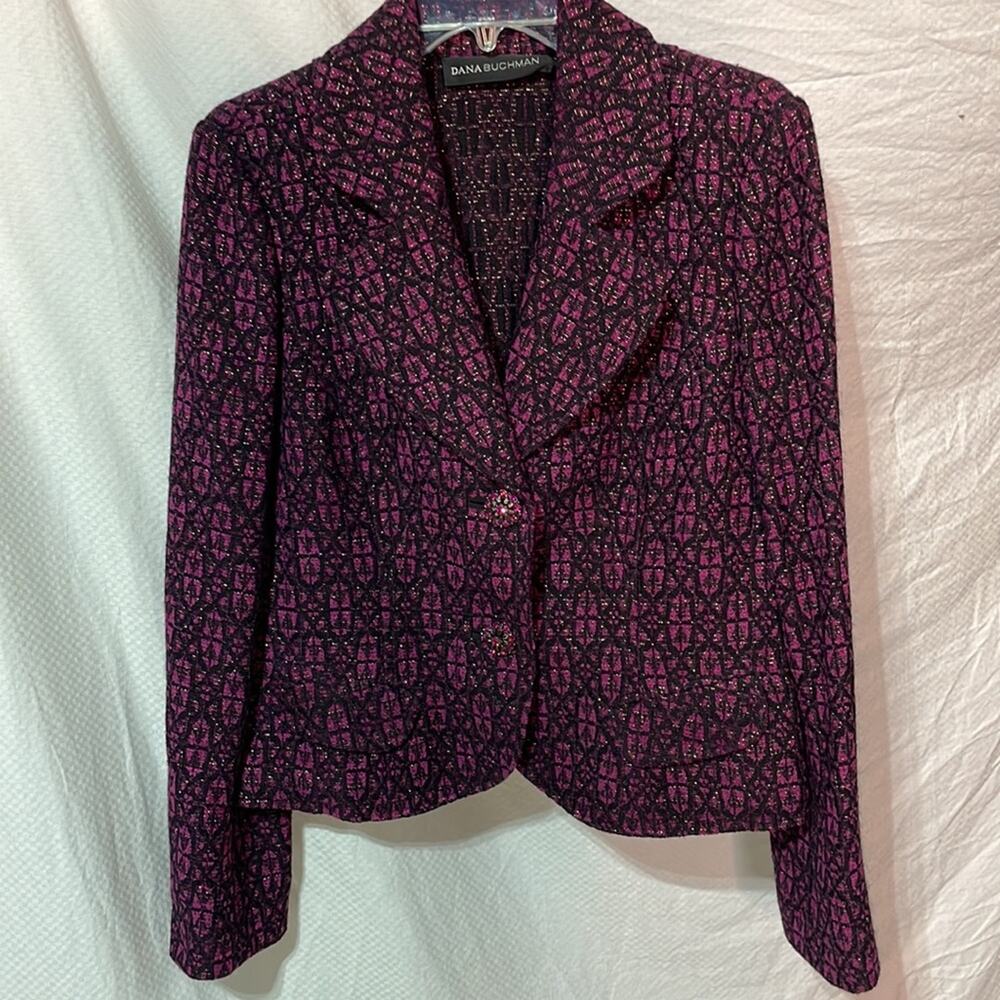 Dana Buchman magenta pink plaid jeweled buttons designer euc like new shaped